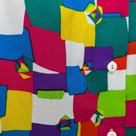 Rubik’s Cube Print Button-Up Shirt | Retro Gamer Colorblock Blouse Size M/L - Picture 6 of 9